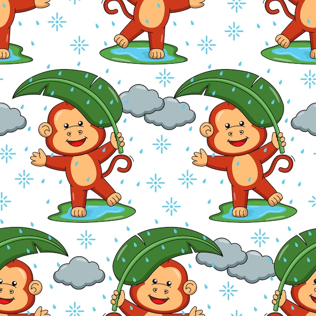 Cartoon monkey playing with rain seamless pattern design