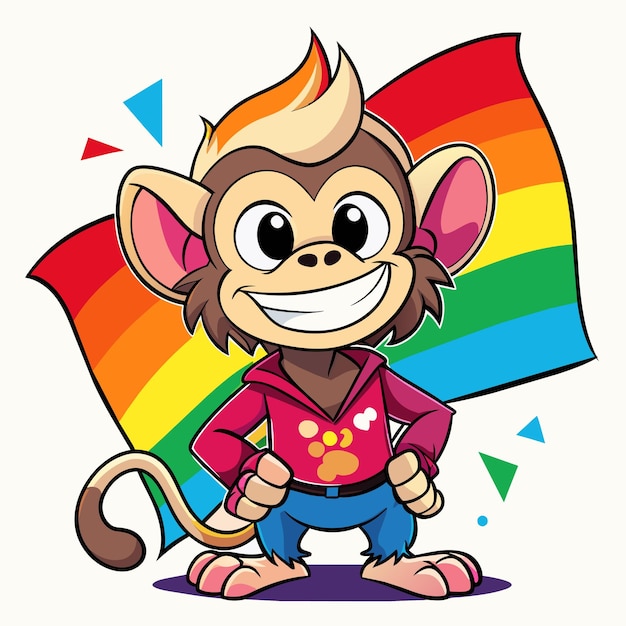 a cartoon monkey with a rainbow in the background