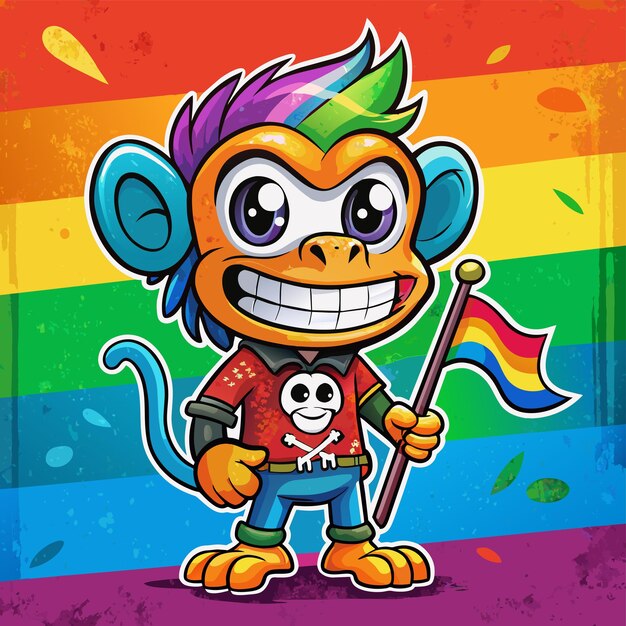 背中に虹の旗を掲げた漫画の猿