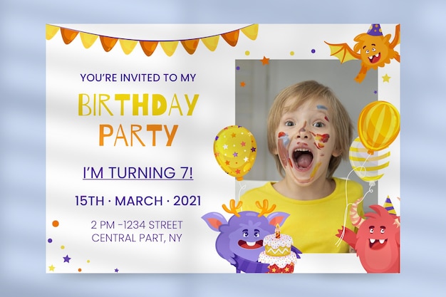 Vector cartoon monster birthday invitation template with photo