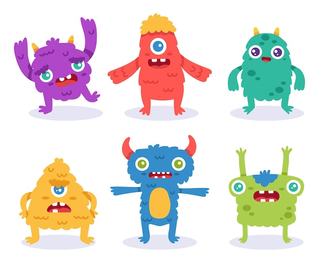 Cartoon monster characters Colorful funny creatures in different positions Spooky furry animals for halloween