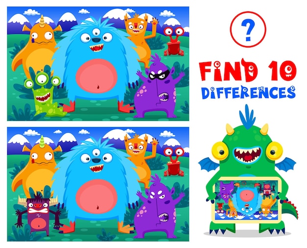 Cartoon monster characters find ten differences