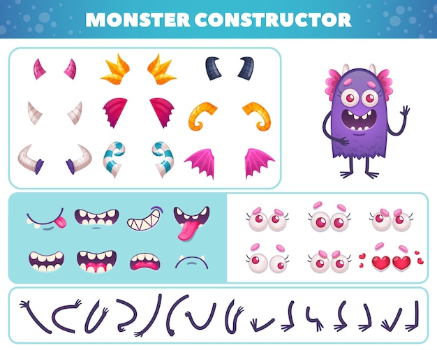 Cartoon monster emoticons set with face mask elements and constructor pieces for doodle beast character creation