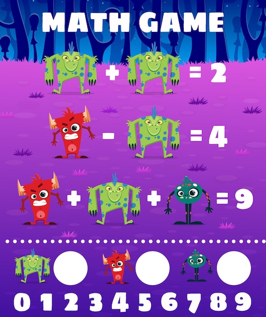 Cartoon monsters characters math game worksheet