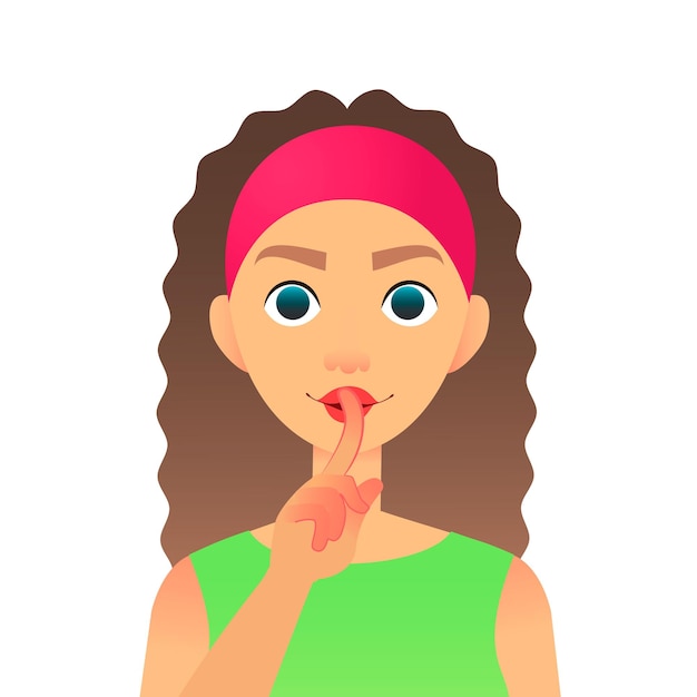 Cartoon mooie vrouw zegt stilte wees stil met vinger op lippen gebaar platte vector geheime meid fem...