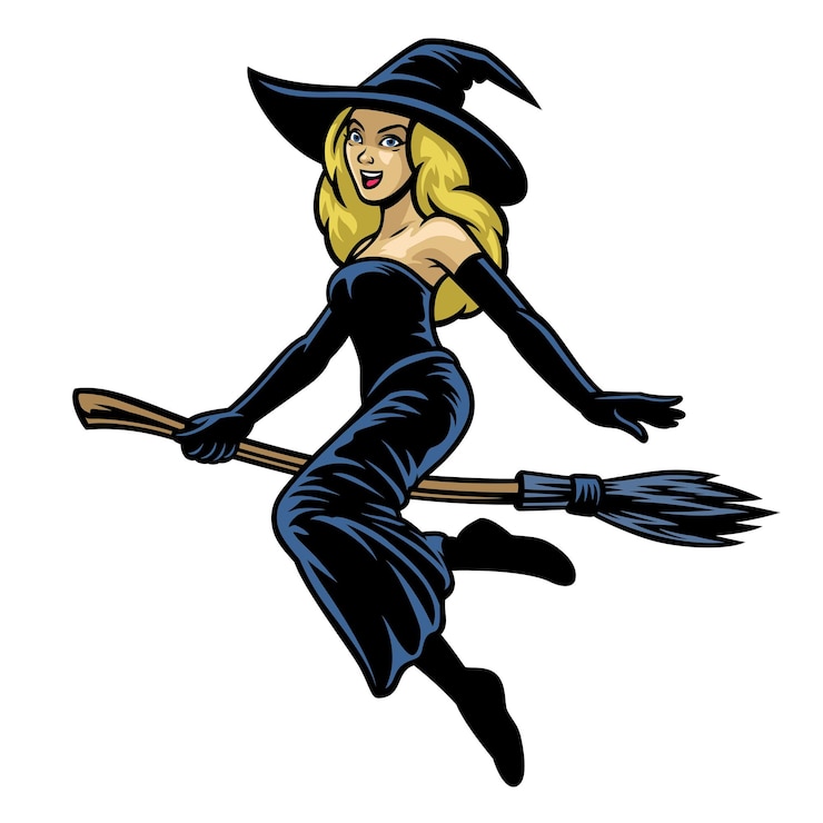 Vector cartoon mooie vrouwen cosplay dame heks rijden vliegende bezem