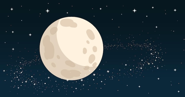 Cartoon moon in space with stars around, science illustration with space for text, planet background