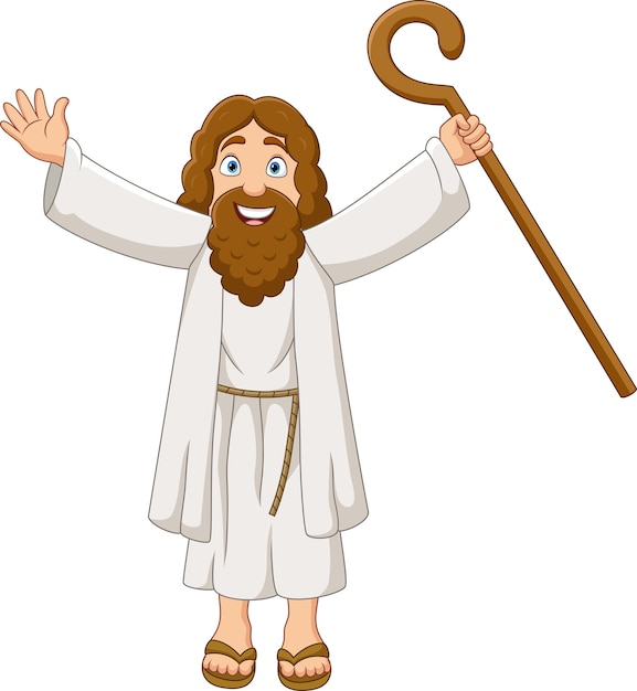 Vector cartoon moses holding wooden staff with open arms