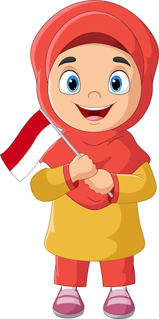 Cartoon moslim meisje met een indonesische vlag