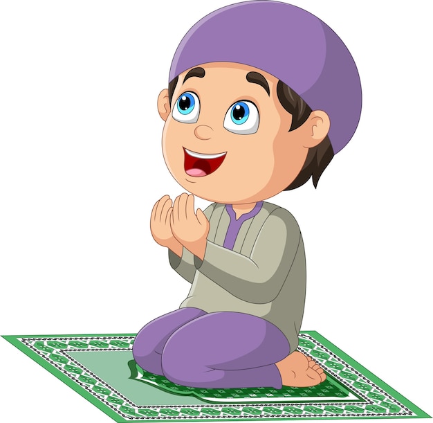 Cartoon moslimjongen bidden op het gebedskleed