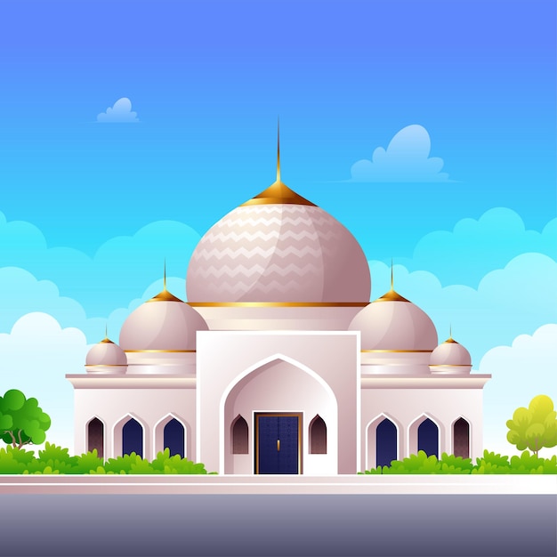 Cartoon mosque beside the highway with green and yard and blue sky flat illustration