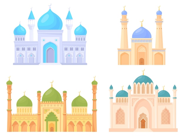 Cartoon mosque buildings Islamic castle desert building traditional arabian muslim temple for moslem praying ramadan arabic minaret housing with dome neat vector illustration of mosque or castle