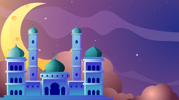 cartoon mosque with crescent moon at night