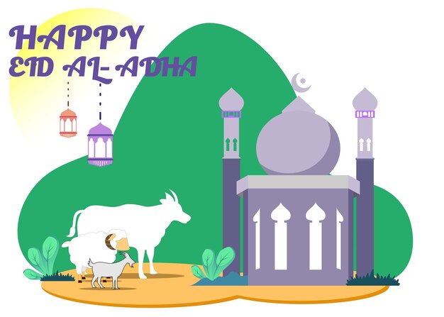 Vector a cartoon of a mosque with a goat and a goat in the foreground eid al adha