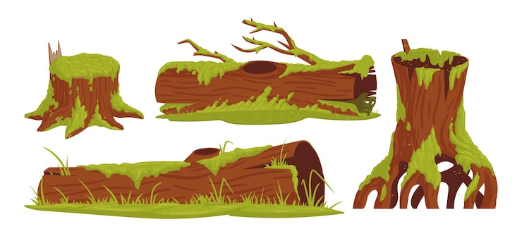Vector cartoon moss plants on wood trunks swamp green moss rainy forest lichen and fungus plants growing on rotten wooden stumps flat vector illustration set moss plants collection
