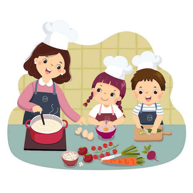 キッチンカウンターで調理する母と子の漫画。家のコンセプトで家事の雑用をしている子供たち。