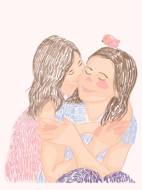 Vector cartoon mother daughter hugging warm family love each other