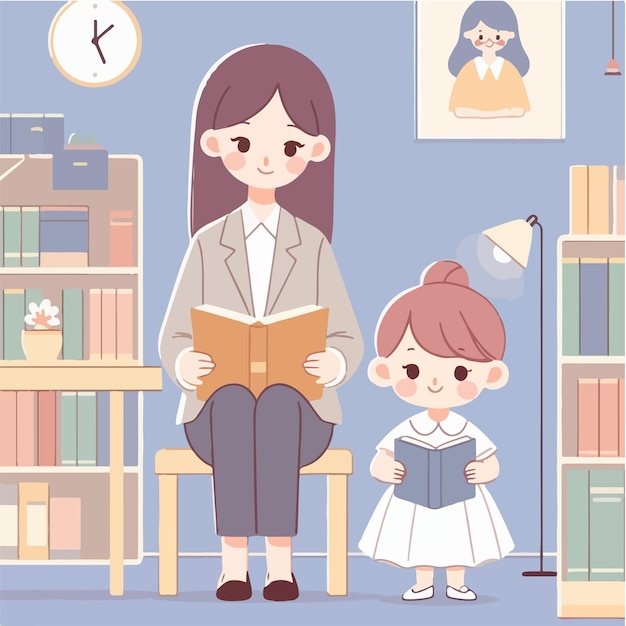 Vector cartoon mother and daughter reading a book