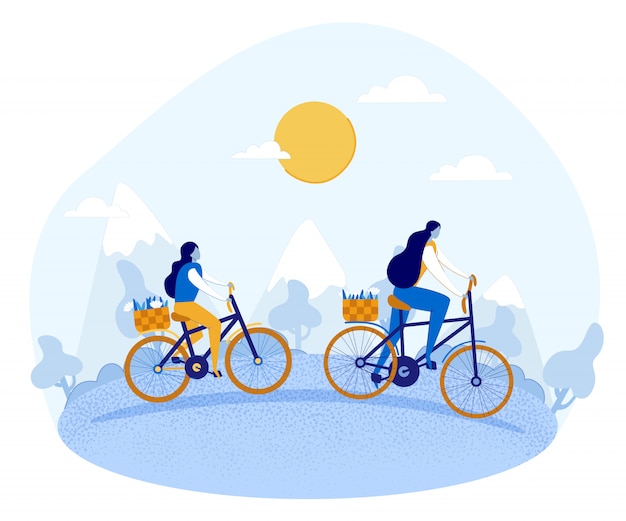 Vector cartoon mother and daughter riding bikes on nature.