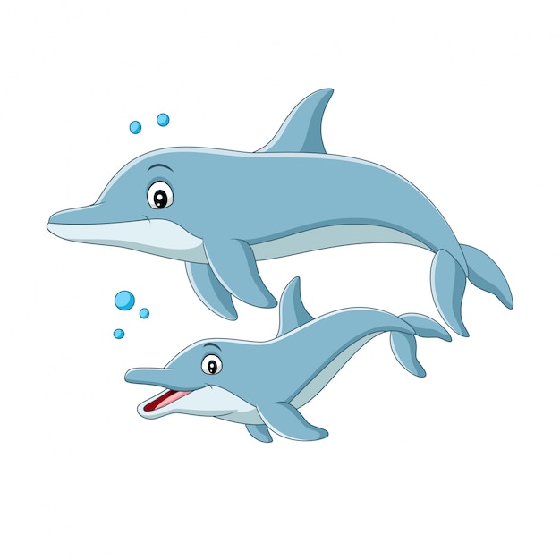 Мультяшный дельфин плавает с малышом