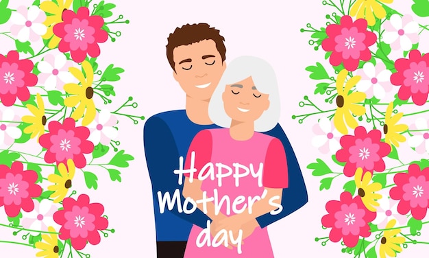 A cartoon of a mother and her son hugging Banner for happy Mother's Day Vector illustration