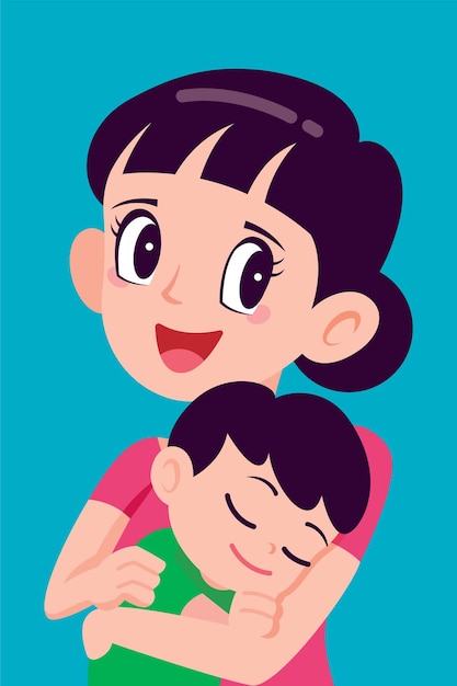 Cartoon mother hugging baby illustration