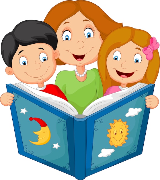 Vector cartoon mother reading with his children