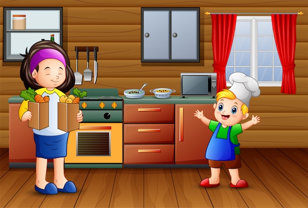 Cartoon mother and son in the kitchen