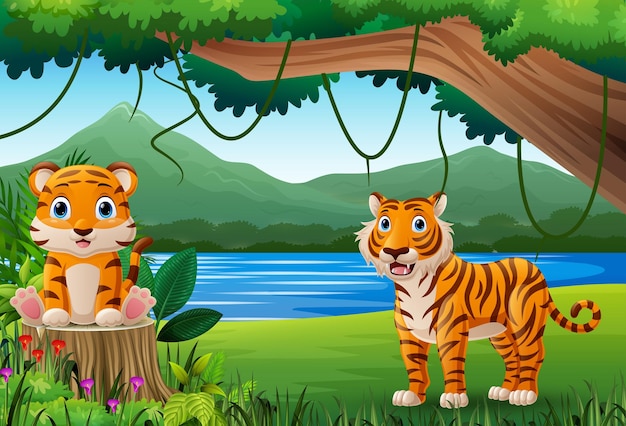 Vector cartoon mother tiger and child in the jungle