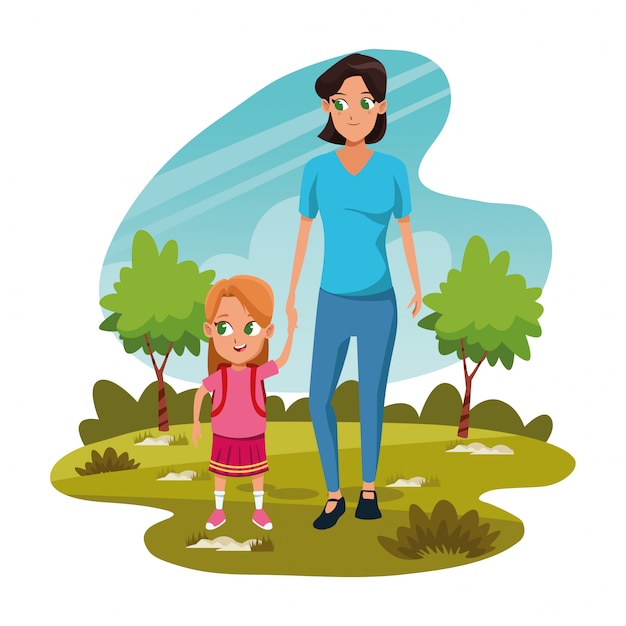 Cartoon mother with her daughter in the park over white