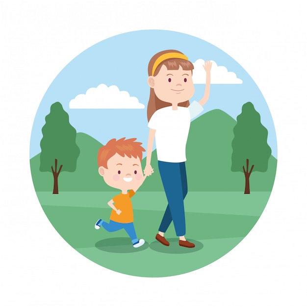 Vector cartoon mother with her son in the park