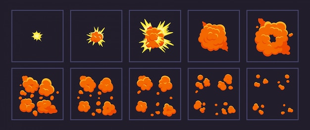 Esplosioni di movimento dei cartoni animati. colpo di esplosione animato, esplodere incendi. set di illustrazione di cornici effetto esplosione. animazione di cartoni animati di esplosione, movimento del braccio, esplorare l'effetto