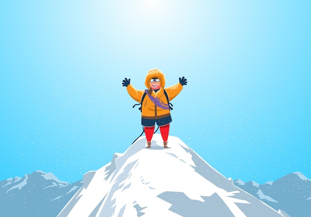 Vector a cartoon of a mountain climber with his arms raised on top of a mountain.