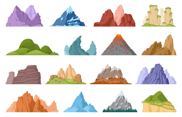 Vector 漫画山ピークの緑の丘と氷河山フラット ベクトル イラスト セット