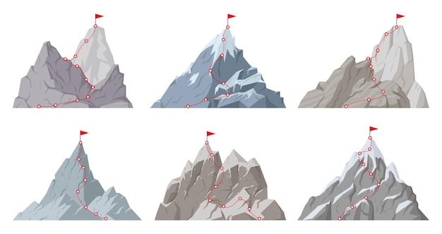 Vettore cartoon mountain peak route escursione viaggio in montagna top flat vector illustration set