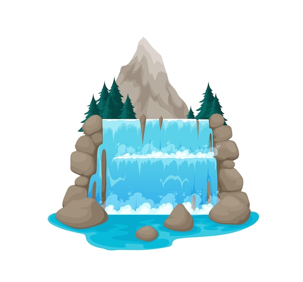 Vector cartoon mountain waterfall water cascade on rocks