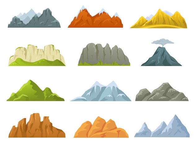 벡터 만화 산 능선, 바위 절벽, 눈 덮인 봉우리와 언덕. 돌 절벽, 화산, 언덕, 산 자연 게임 디자인 요소 벡터 세트