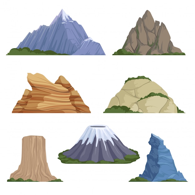 Vettore montagne dei cartoni animati. paesaggio all'aperto della roccia del terreno di estate delle montagne rocciose della neve
