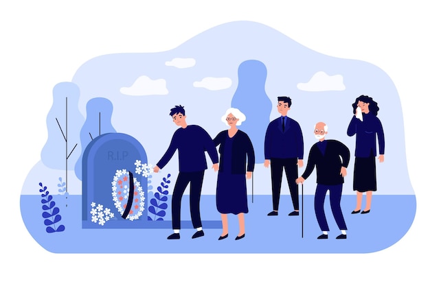 Vector cartoon mourning people at graveyard flat illustration