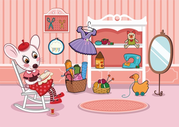 Vector cartoon mouse character sewing in the hobby room vector illustration