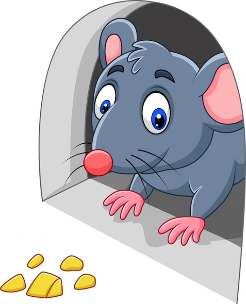 Vector cartoon mouse and cheese in the hole