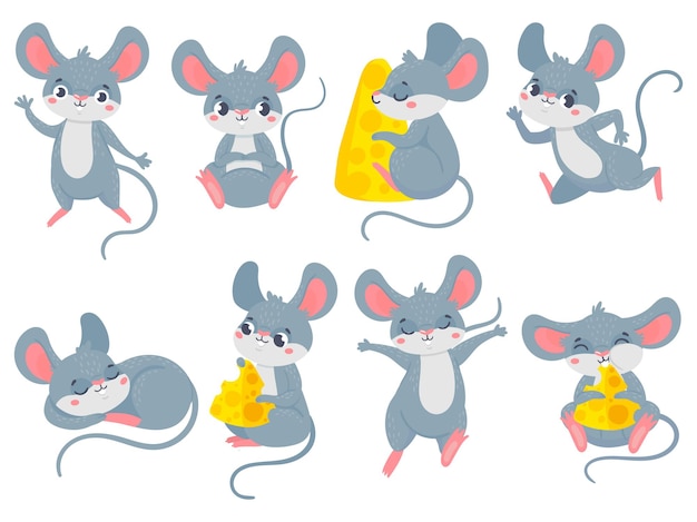 Мультяшная мышь. маленькие милые мышки, забавные маленькие домашние грызуны и мышки с сыром.