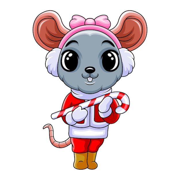 A cartoon mouse with a candy cane in her hand