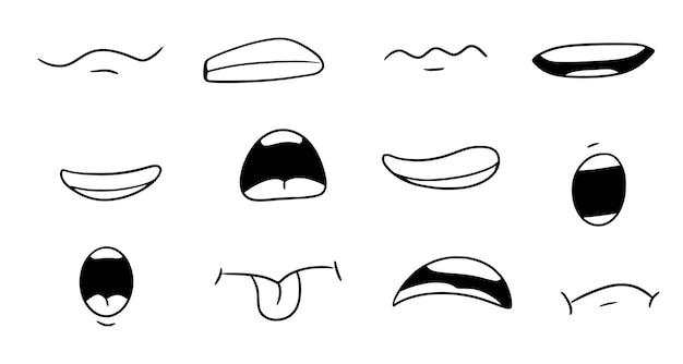 Вектор Мультяшный рот улыбка счастливое грустное выражение набор рисованной каракули рот язык карикатура смайлик значок смешной комический каракули стиль вектор