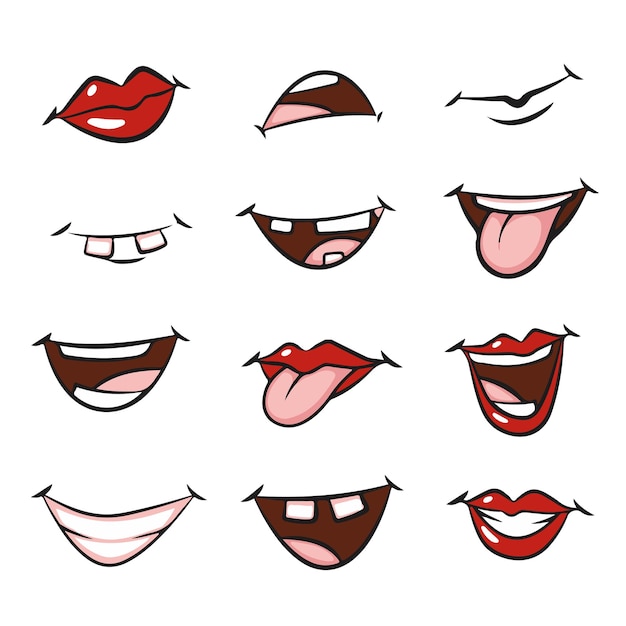 Cartoon mouths set. open mouth, protruding tongue, smile. vector mouth.