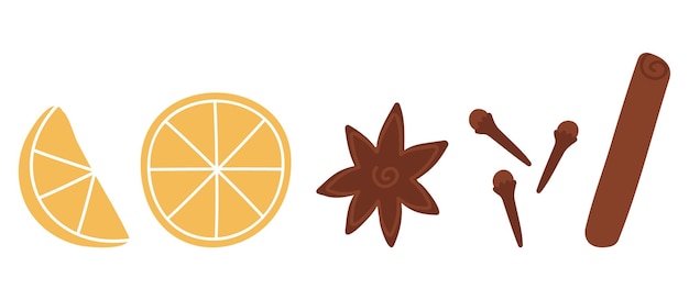 Vector cartoon mulled wine ingredients cinnamon stick, orange, anise star for autumn and christmas decor