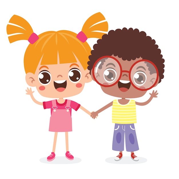 Vector cartoon multicultural kids holding hands