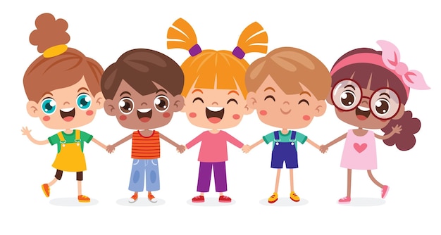 Vector cartoon multicultural kids holding hands