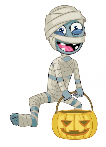 Вектор Мультипликационный персонаж мумия держит тыкву на хэллоуин