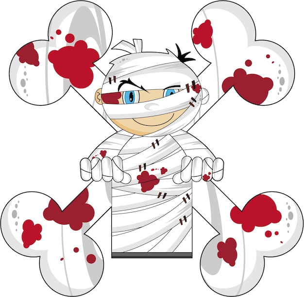 Cartoon Mummy with Bloody Bones Spooky Halloween Illustration